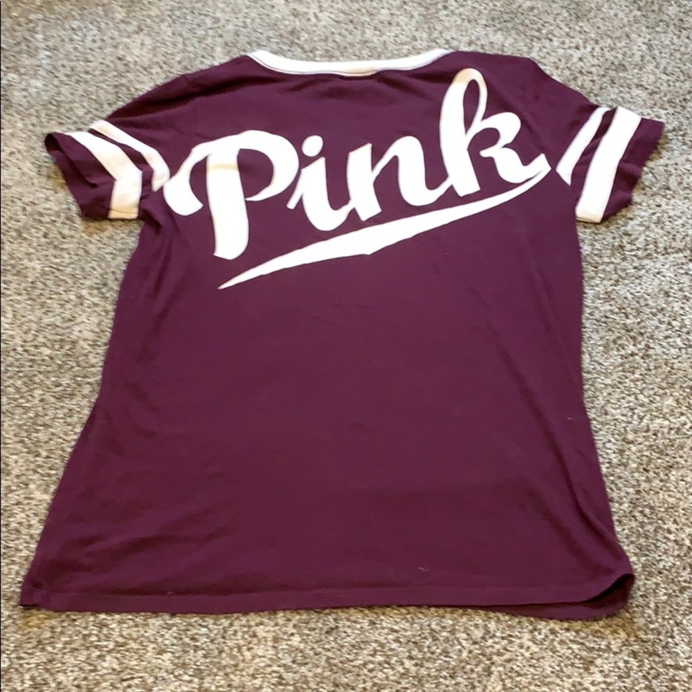 PINK V Neck T Shirt Maroon